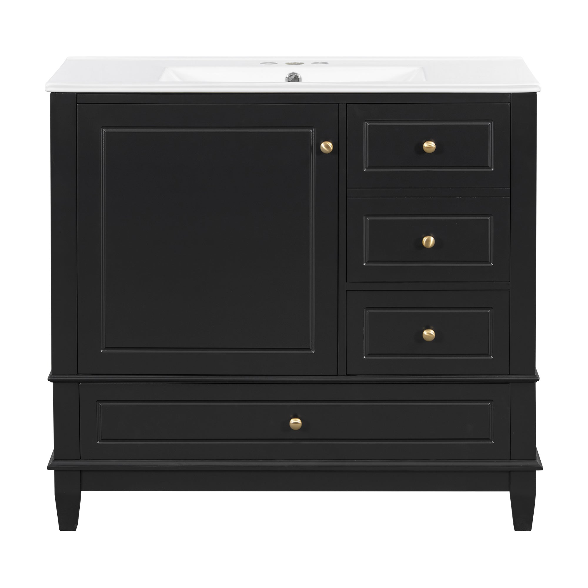 VanityFus 36-in Black Bathroom Vanity Single Sink Combo Ceramic Top 1 Soft Close Door 3 drawers Undermount